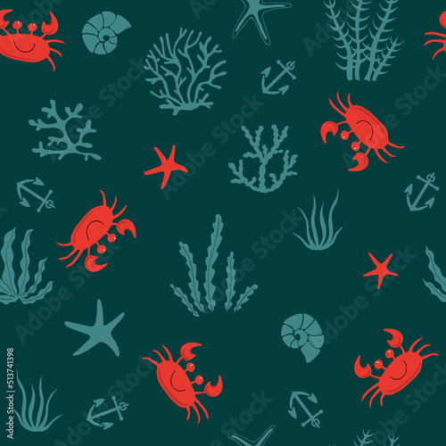Hand drawn crab, sea shells, seaweed and stars seamless pattern. For fabric, wallpaper, wrapping paper, textile, bedding, t-shirt print..