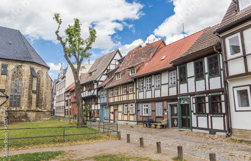 Street with colorful half timbered houses in the center of Quedlinburg, Germany