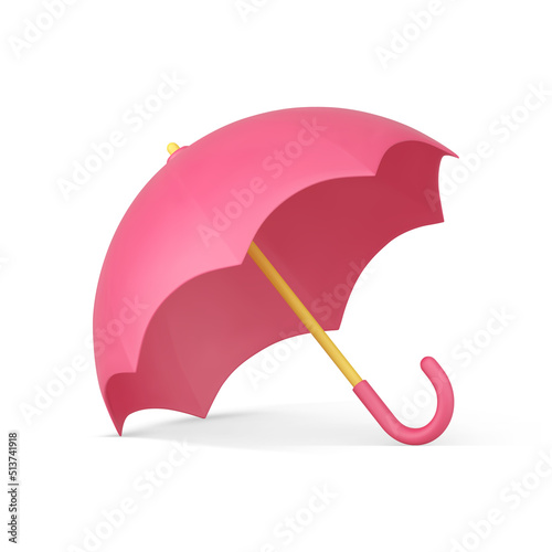 Pink glossy waterproof umbrella wooden curved handle rain sun protection realistic 3d icon vector