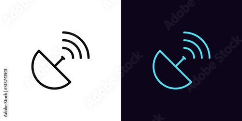 Outline satellite dish icon, with editable stroke. Satellite antenna with waves, sputnik broadcast signal. Satellite television and internet