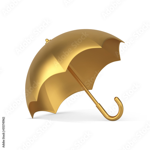 Golden metallic gloss umbrella seasonal fashion premium accessory handle realistic 3d icon vector
