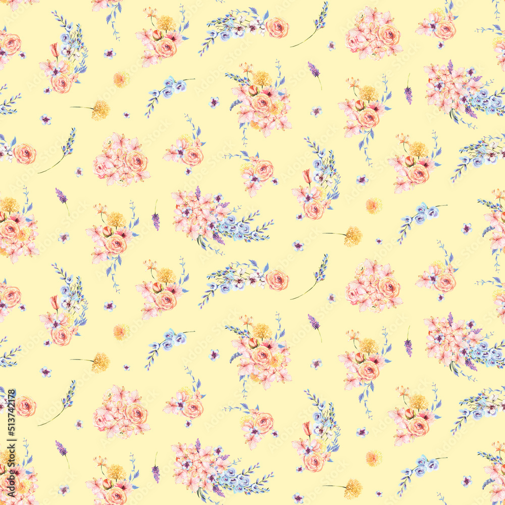Delicate watercolor patterns with hydrangea, roses and other garden plants, delicate blue, peach and pink inflorescences Delicate watercolor patterns with hydrangea, roses and other garden plants, delicate blue, peach and pink inflorescences