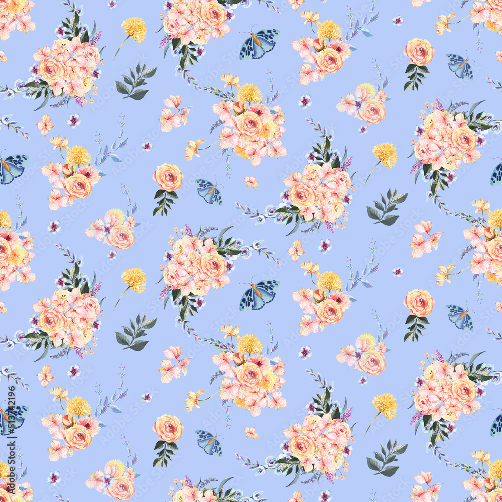 Fototapeta premium Delicate watercolor patterns with hydrangea, roses and other garden plants, delicate blue, peach and pink inflorescences