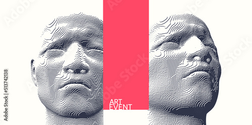 Closeup portrait of man with his eyes closed. 3d voxelized face. Vector illustration. Design for presentations, flyers or posters.