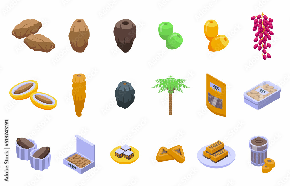 Date fruit icons set isometric vector. Food leaf. Dried branch