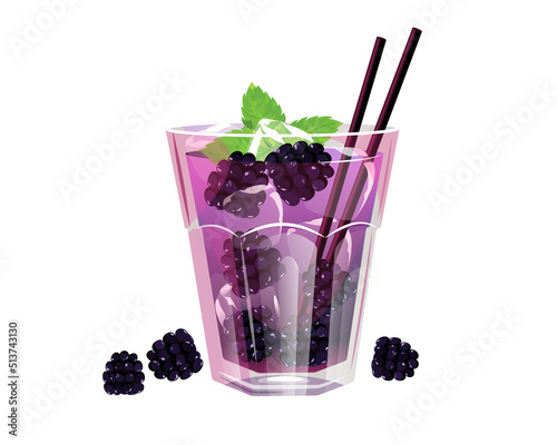 Blackberry cocktail.Summer refreshing drink with mint, ice cubes and blackberries.Blackberry juice, cocktail, lemonade.