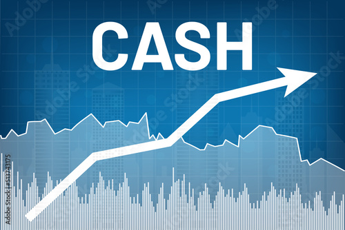 Graph growth of cash with white arrow, city scape on blue finance background. Financial market concept