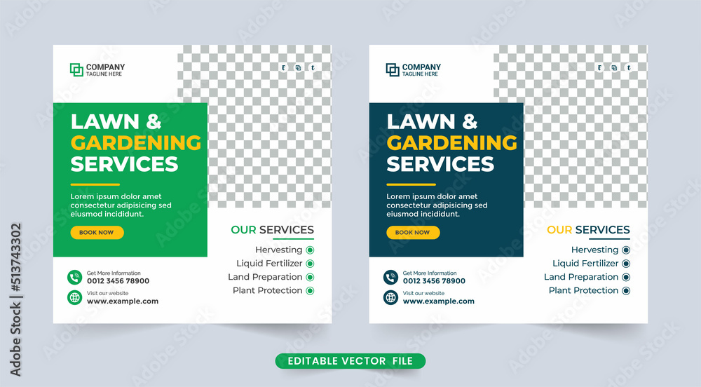 Simple lawn and gardening service ad flyer template. Lawn mowing and landscaping business social media post. Gardening business advertisement and promotion banner design vector.