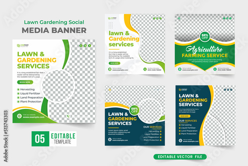 Lawn gardening social media banner template collection. Agriculture farming business service flyer set design. Gardening and lawn mower service advertisement post bundle for social media.