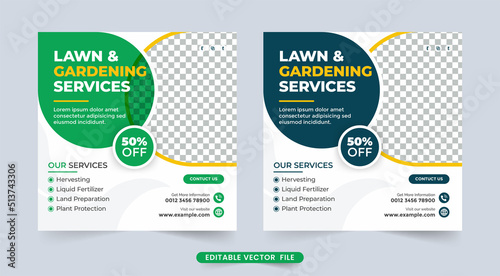 Lawn gardening service social media banner design. Agriculture and farming business advertisement flyer design. Landscaping and lawn mower service promotion social media post template vector.