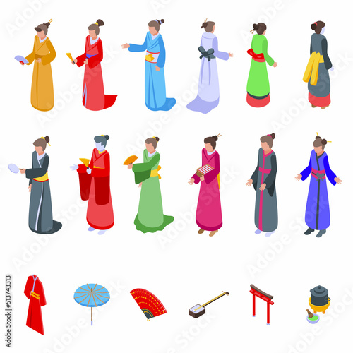 Geisha icons set isometric vector. Japanese girl. Kimono japan