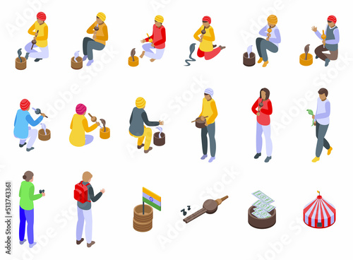 Snake charmer icons set isometric vector. Indian hindu. Sage snake