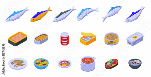 Sardine icons set isometric vector. Can fish. Oil snack