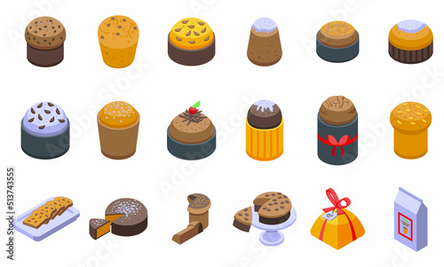 Panettone icons set isometric vector. Bake bread. Food grain