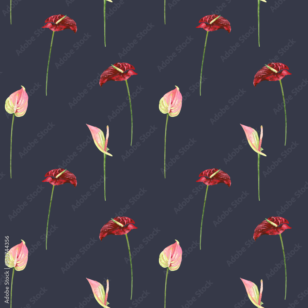 Hand painted watercolor floral bouquet. Anthurium flowers illustration. Seamless pattern, fabric design, wallpaper, wrapping paper. 