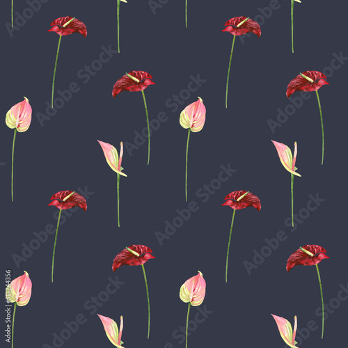 Hand painted watercolor floral bouquet. Anthurium flowers illustration. Seamless pattern, fabric design, wallpaper, wrapping paper. 