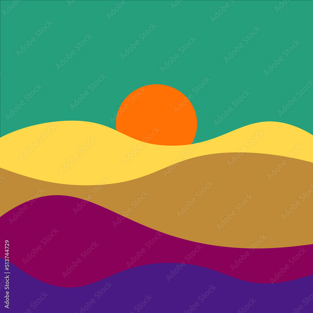 colorful abstract minimal background summer. rainbow hills and orange sun flat illustration vector editable strokes. wallpaper landscape print wall art