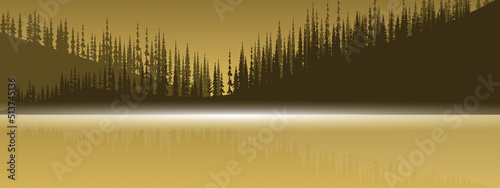 Mountains and lake at night landscape flat vector illustration. Nature scenery with fir trees and hill peaks silhouettes