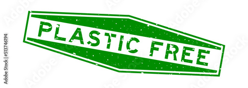 Grunge green plastic free word hexagon rubber seal stamp on white background