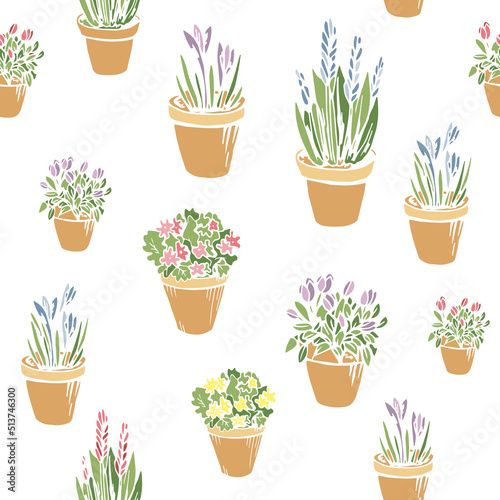 Colorful cute seamless pattern with pastel colored flowerpots, flowers, pots, potted plants. Endless texture with hand drawn silhouette on white background for wallpaper decor.