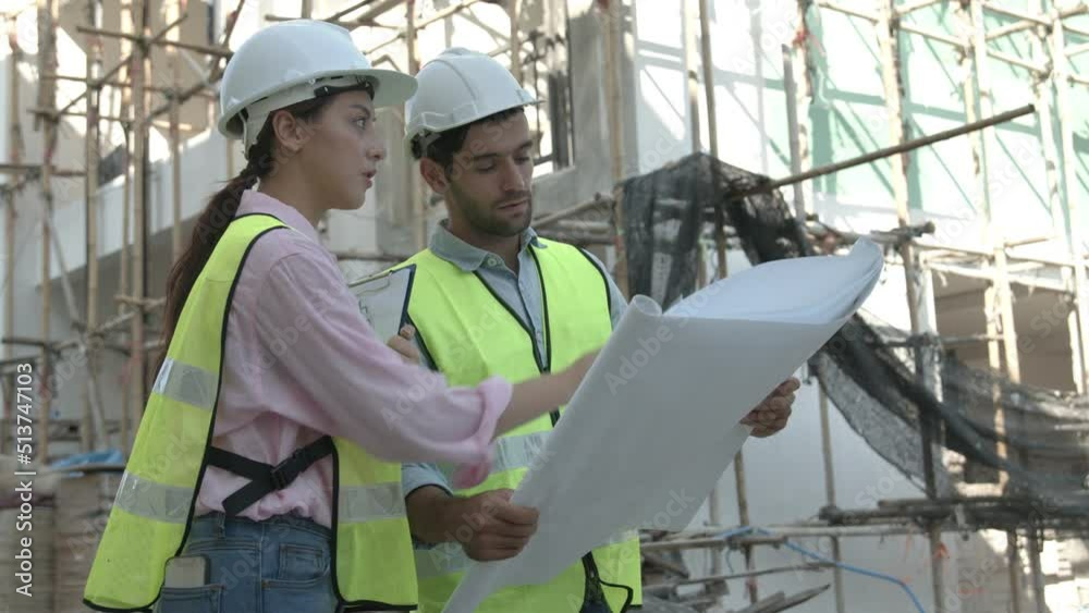 engineer team inspector check working on blueprint in building in sitework engineer team inspector check working on blueprint in building in sitework