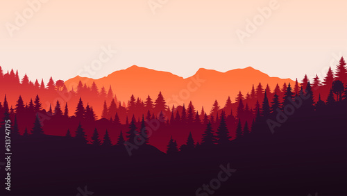 Vector red horizontal landscape with fog, forest, spruce, fir, and morning sunlight. Autumn season Illustration of panoramic view silhouette, mist and orange mountains. Fall trees. Fire in the woods.
