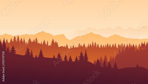 Fototapeta Naklejka Na Ścianę i Meble -  Vector red horizontal landscape with fog, forest, spruce, fir, and sunset. Autumn Illustration of panoramic view silhouette, mist and orange mountains. Fall season trees. 