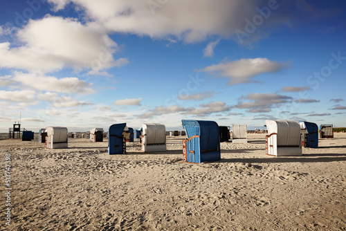 Beach chairs on the North Sea beach. Harlesiel in East Frisia  Wittmund district  Lower Saxony  Germany.