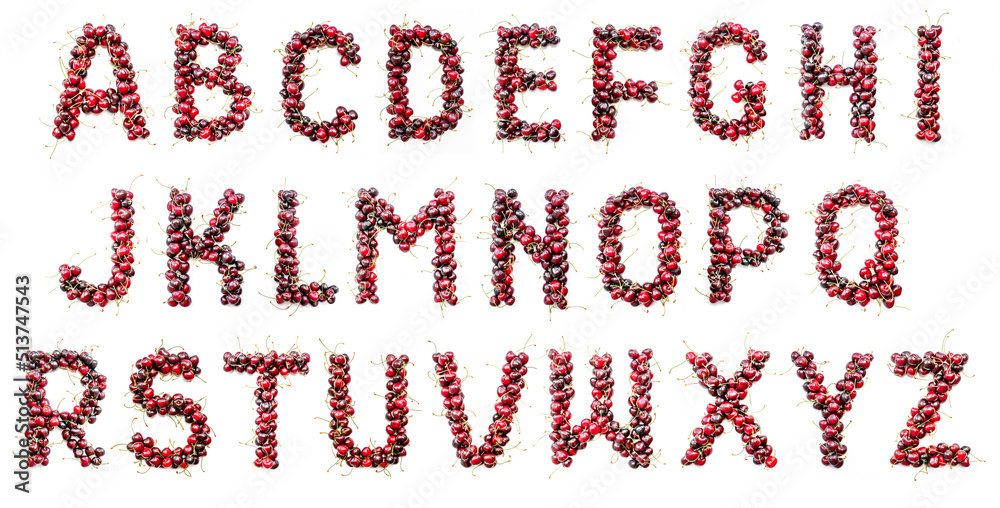 Cherry alphabet. Real berries in the form of letters, numbers and signs. Set for the designer to type any text. Uppercase Cherry alphabet. Real berries in the form of letters, numbers and signs. Set for the designer to type any text. Uppercase