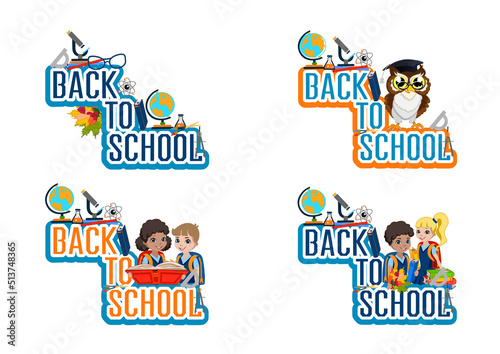Vector set of funny school emblems with funny owls and school items. Back to school. Templates for flyer, poster and advertising decoration.