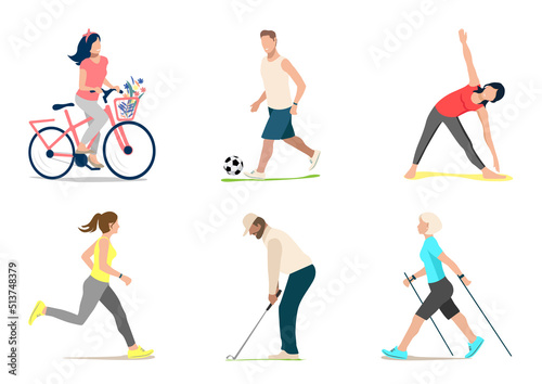 Set of vector illustrations of sports people. Cyclist, golfer, runner, soccer player, gymnastics and Nordic walking. Healthy lifestyle. Flat style.