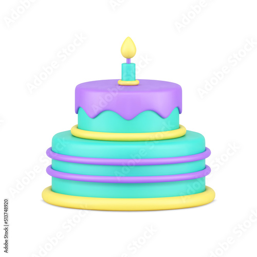Sweet festive cake anniversary celebration delicious one burning candle realistic 3d icon vector