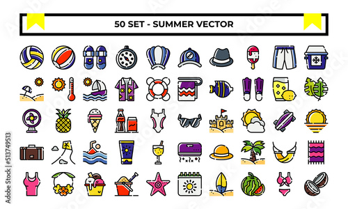 Summer icon set or logo illustration vector graphic with beach, sun, ball, sunglasses, etc. Perfect use for ui, website, pattern, design, etc.