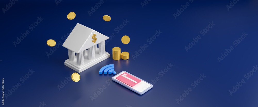 Online mobile banking transaction concept in isometric 3d design, internet online banking on phone, digital financial services and pay, money transaction, business,internet banking app, 3d rendering Online mobile banking transaction concept in isometric 3d design, internet online banking on phone, digital financial services and pay, money transaction, business,internet banking app, 3d rendering