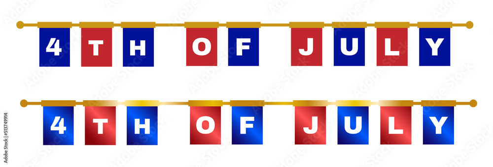 4th of July Usa independence day vector designs. White letters of 4th of July on blue and red buntings.  Flat and gradient gold color variations of the horizontal pole.