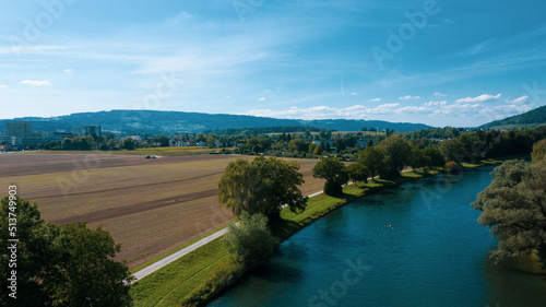 Drone view over the river and fields in the city of Zurich, Switzerland