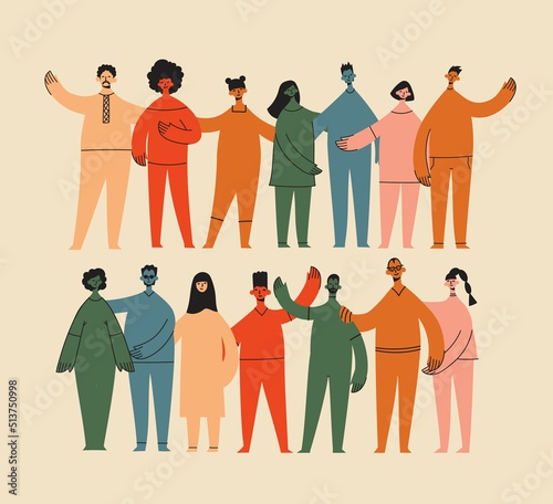 Group of people men, women are standing together. Concept of diversity, equality, tolerance, multicultural society. Vector set of multicultural people.