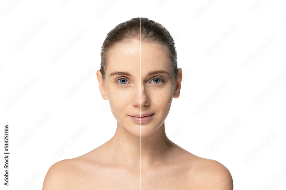 Comparison. Portrait of woman with perfect and wrincled face isolated over grey background. Cosmetology treatment Comparison. Portrait of woman with perfect and wrincled face isolated over grey background. Cosmetology treatment