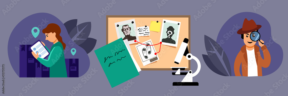A set of illustrations on the theme of the investigation of cases. Investigator girl, detective guy, detective board with a criminal investigation. Characters working with law and investigation.Vector A set of illustrations on the theme of the investigation of cases. Investigator girl, detective guy, detective board with a criminal investigation. Characters working with law and investigation.Vector