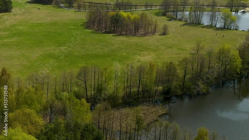Aerial flying over Myslecinek largest city park with beautiful  in Poland  photo