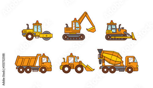Cars mixer truck, excavator, road roller, truck