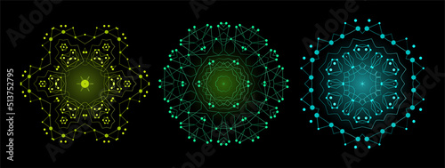 Set of Colorful Bright Lattice Shape, Molecular Structure with Thin Lines and Dots. Mandala. Fractal.