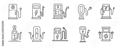 Set of 10 different charging station for electric car. editable stroke outline icon collection
