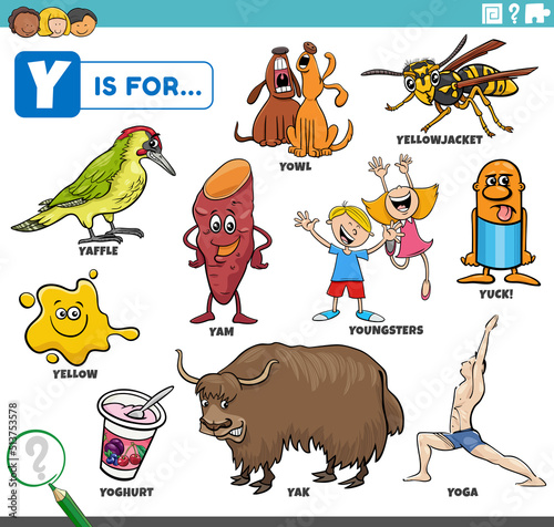 letter y words educational set with cartoon characters