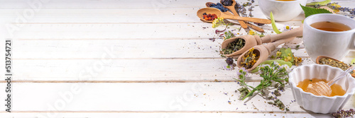 Fotografie Healthy drinks, harvest herbs and flowers concept