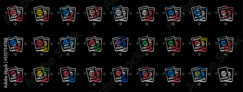 Set of Citizenship or Foreign Passport ID in Vector. Colorful Icon with Flag. Black Background.
