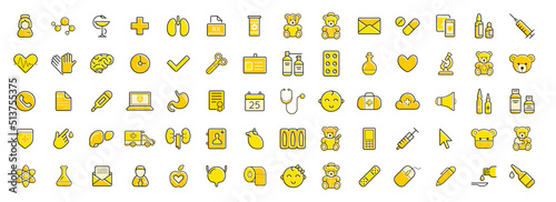 Outline colorful icons set. Pediatric hospital clinic and medical care. Vector.