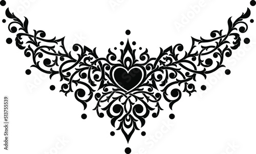 Victorian Gothic ornamental pattern with heart. Tattoo under breast, necklace, bracelet, on the back. Intricate design and decor. Highly detailed and accurate lines for print or engraving