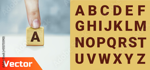 One wooden cubes in row. Wooden cube blocks with letter.