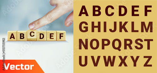 Six wooden cubes in row. Wooden cube blocks with word.
